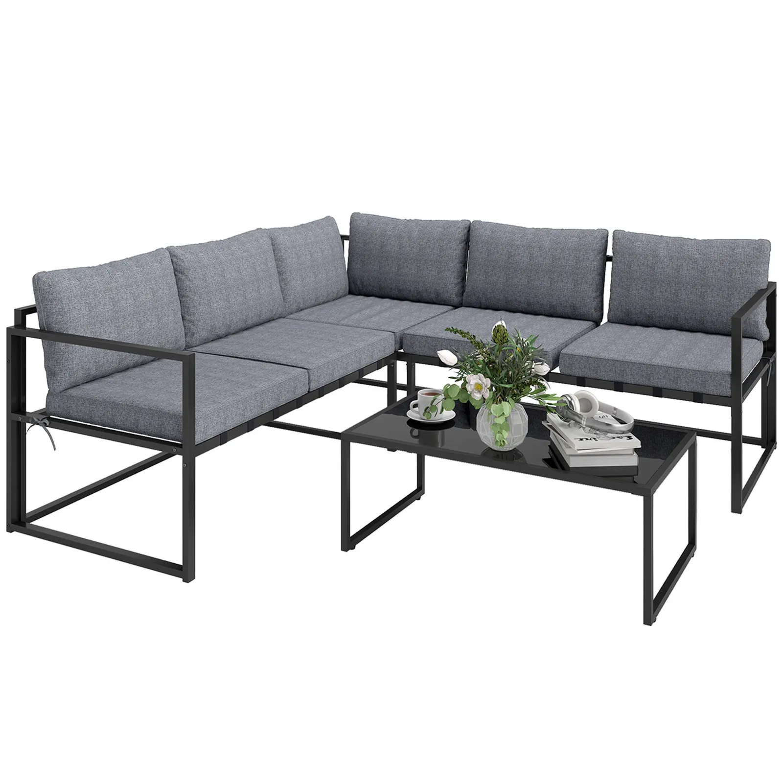 OUTSUNNY 3 Piece L Shaped Garden Furniture Set with Cushions, Grey 2