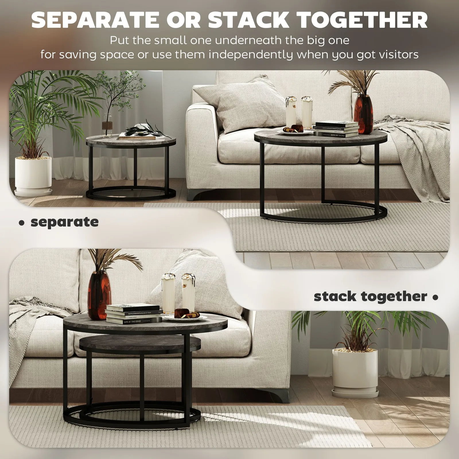 HOMCOM 2 Pcs Stacking Coffee Table Set Steel Frame Marble-Effect Top Foot Pads in Dark Grey 5