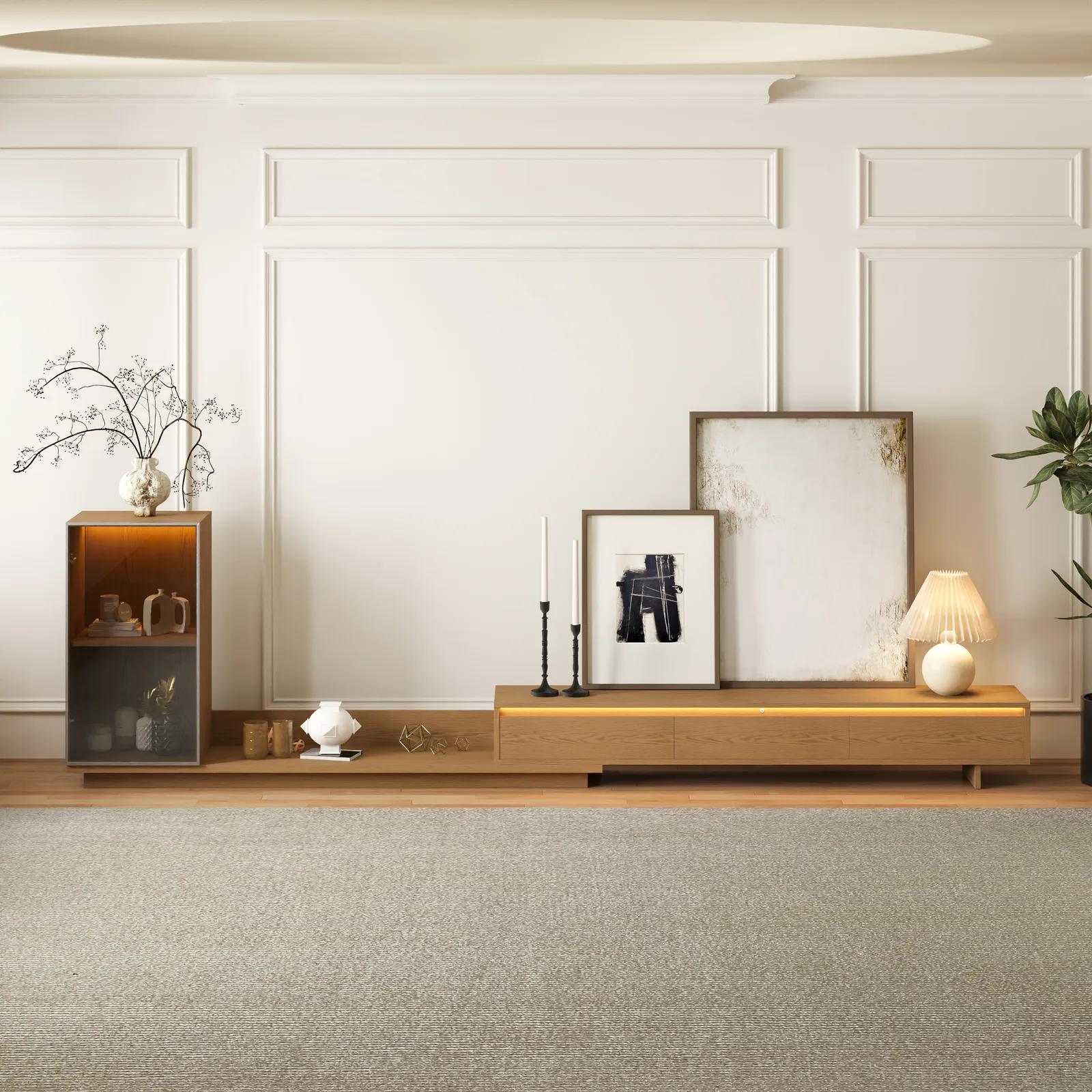 Fero Natural Extendable TV Stand with Bookshelves & Light(250 - 390 cm)