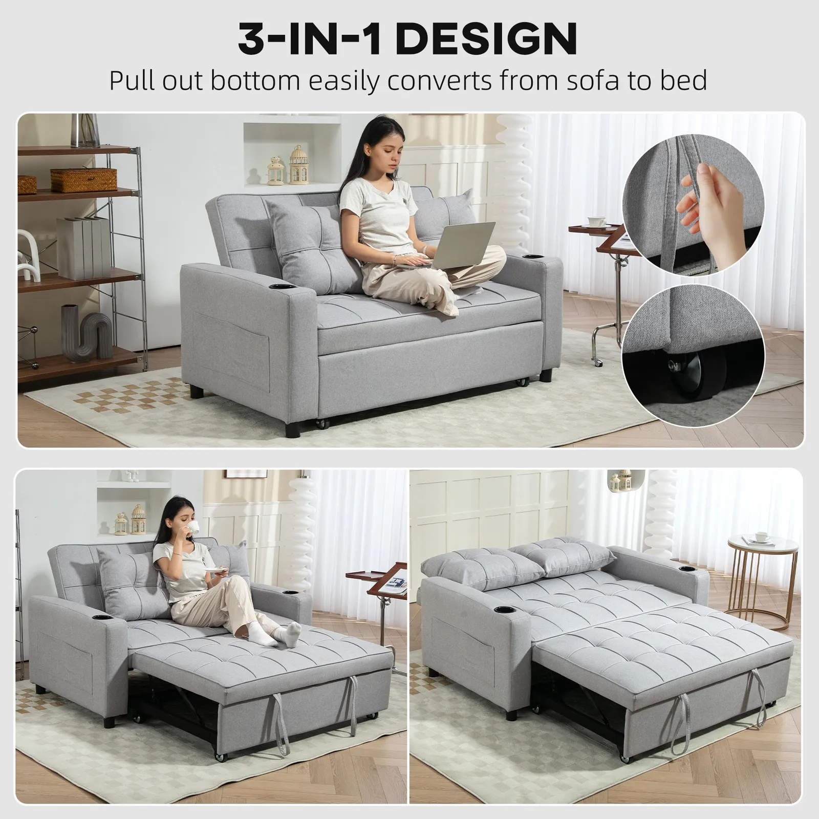 HOMCOM 2 Seater Pull Out Sofa Bed with Pockets for Living Room in Light Grey 4