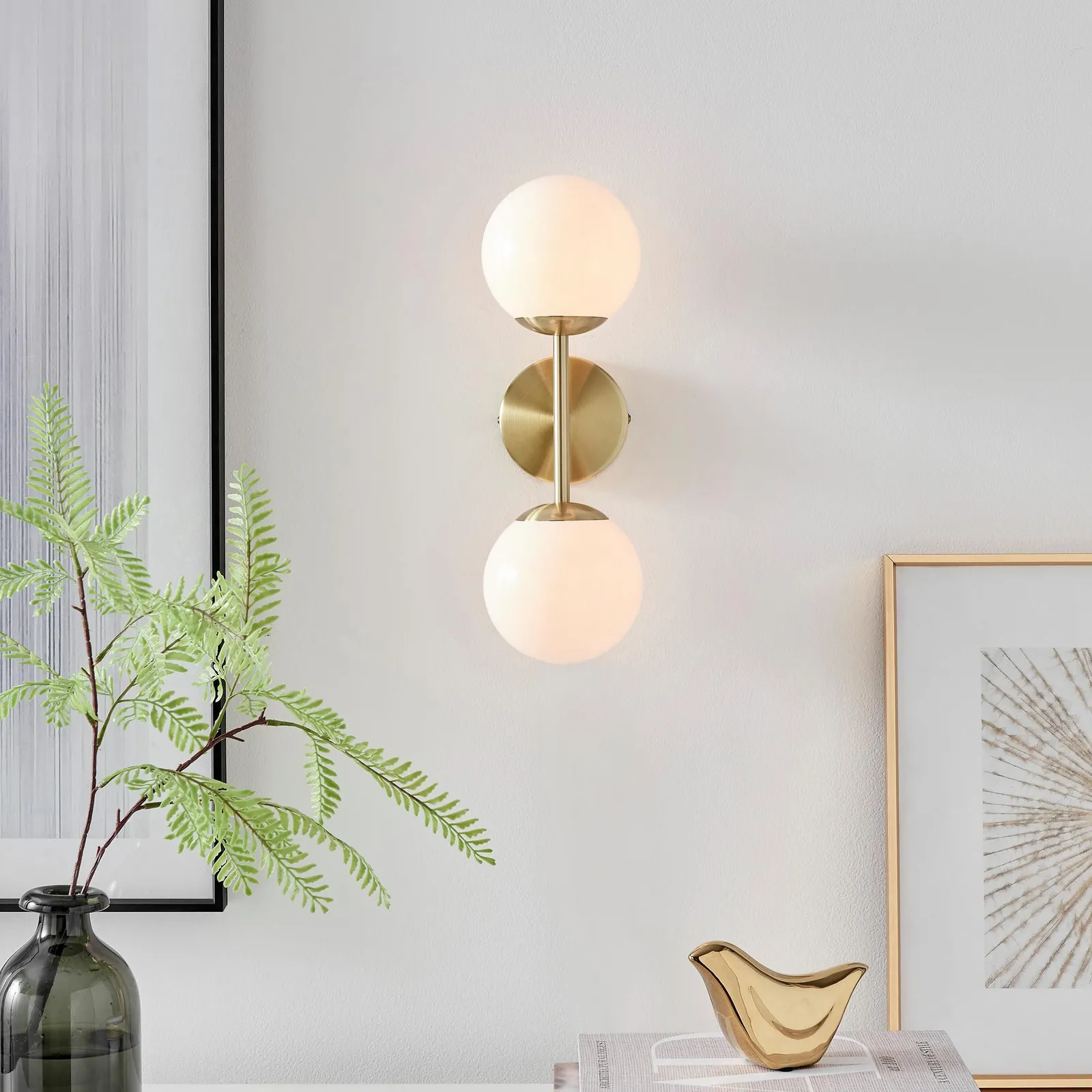 FurnitureboxUK Martha Brushed Brass Art Deco Wall Light With Opal Glass Globe Shades in Gold 2