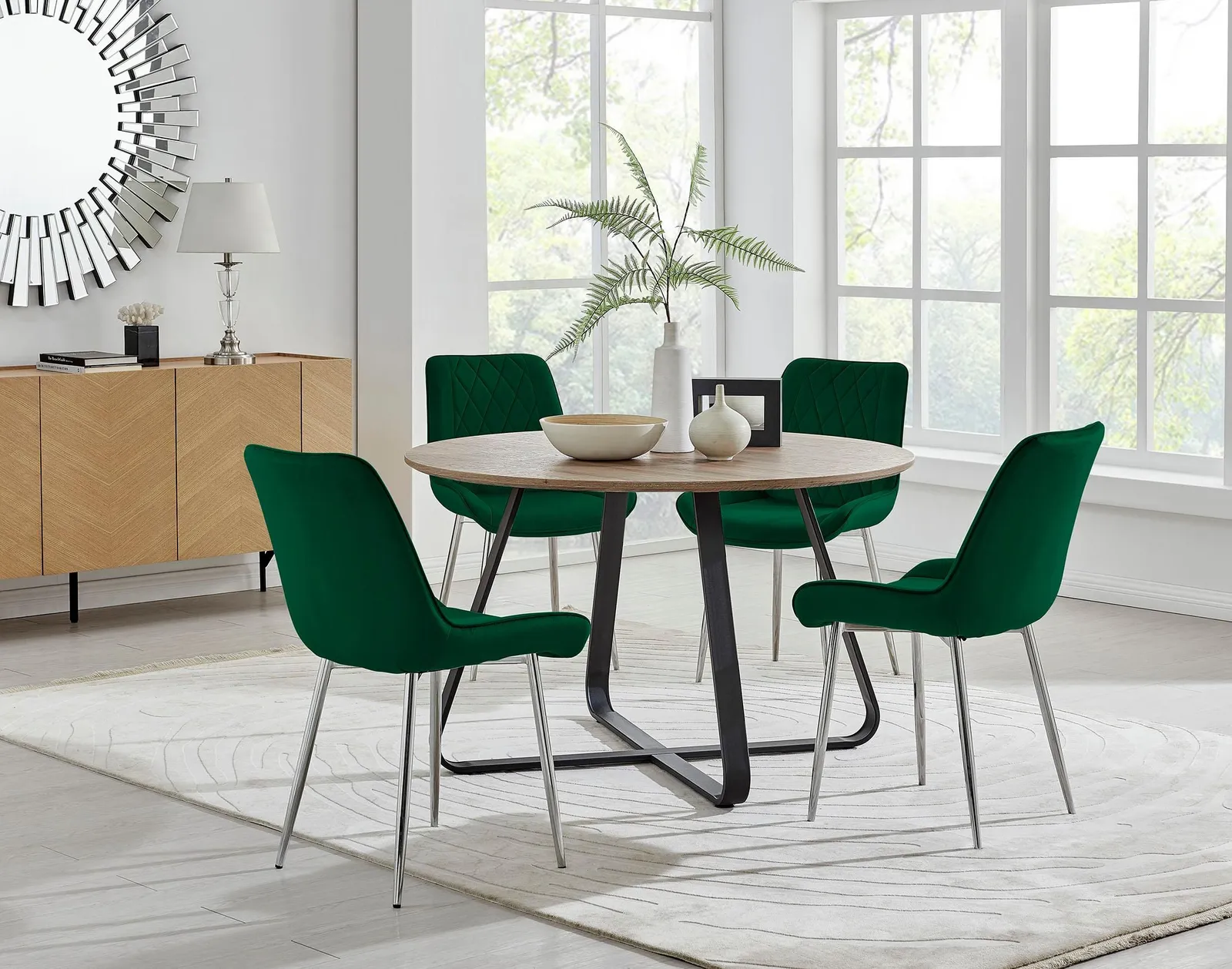 FurnitureboxUK Santorini Brown Round Dining Table & 4/6 Pesaro Silver Leg Chairs in Green