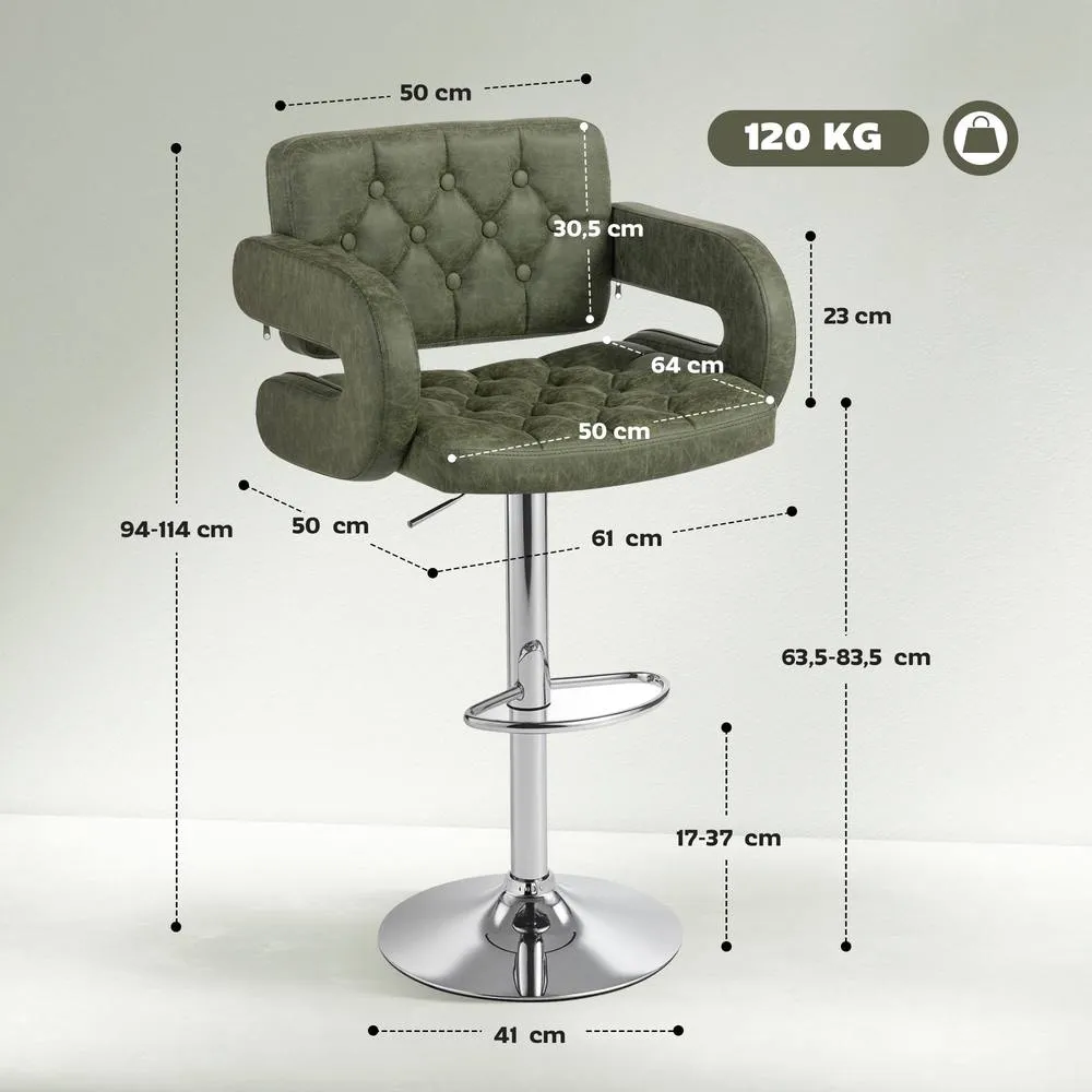 HOMCOM Adjustable Height Barstool Steel Pole PU Leather Bistro in Green 3