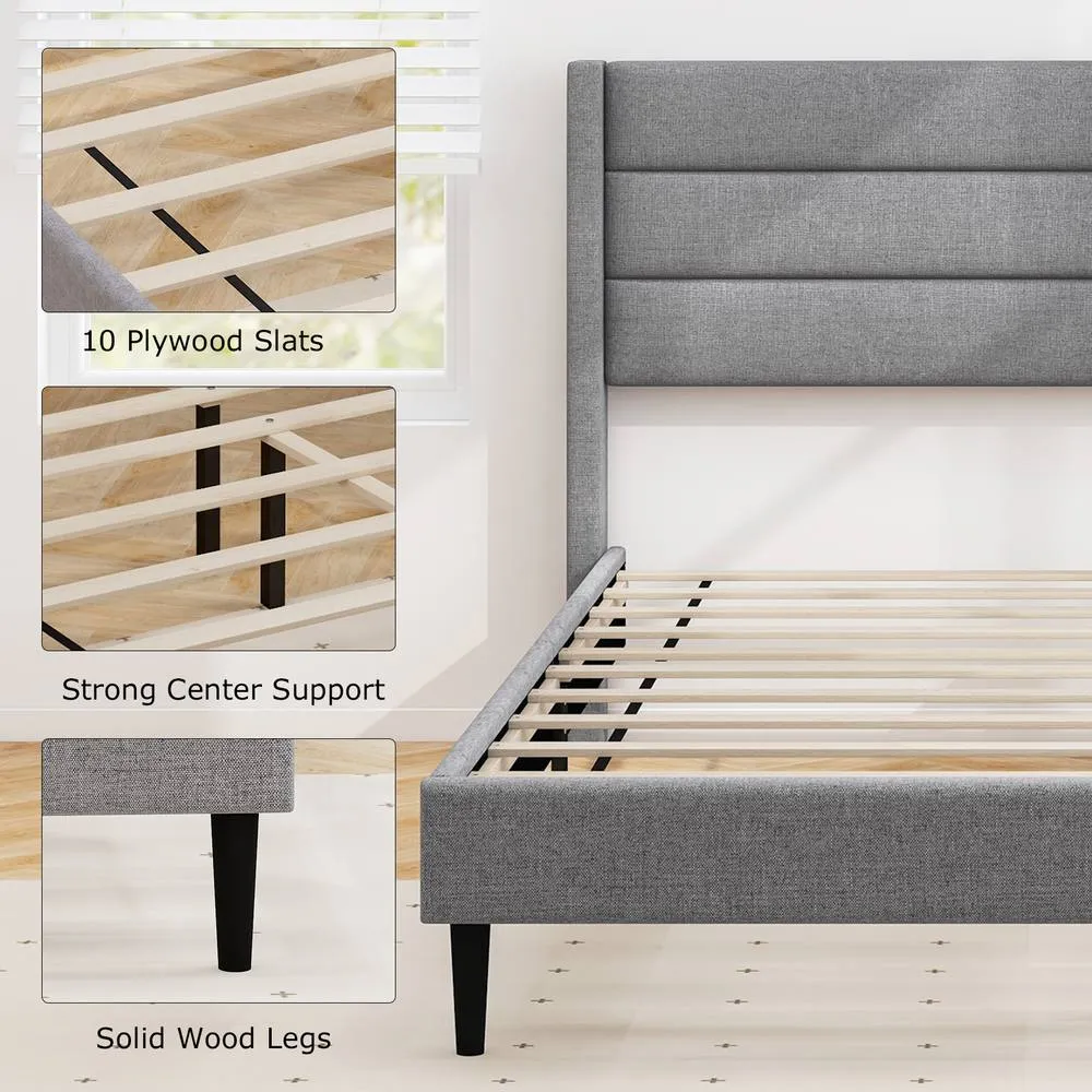 Costway Double Bed Frame Linen Upholstered Platform Bed w/Headboard in Grey 6