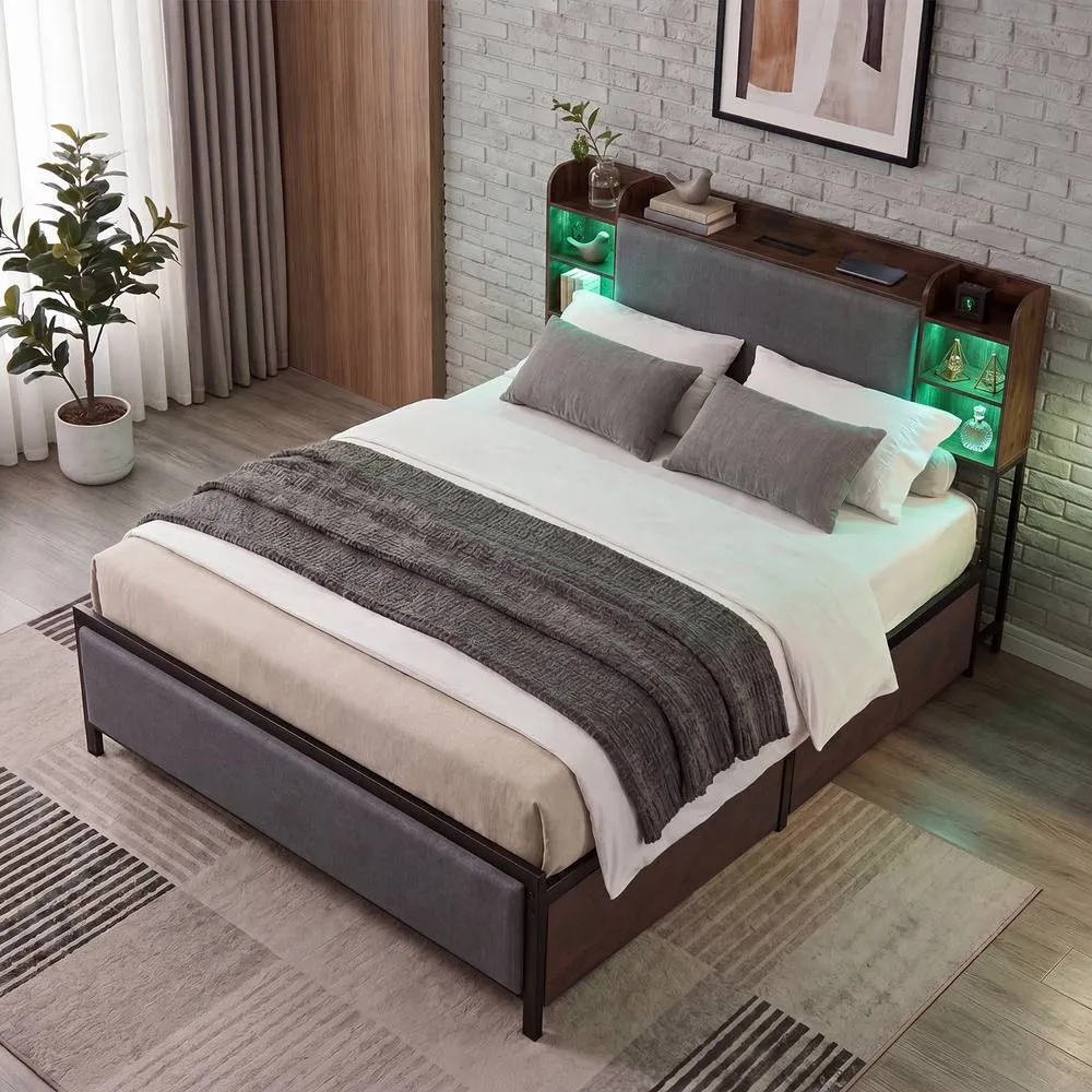 Costway King Size Bed Frame w/ LED Lights & Charging Station Platform Bed in Brown 3