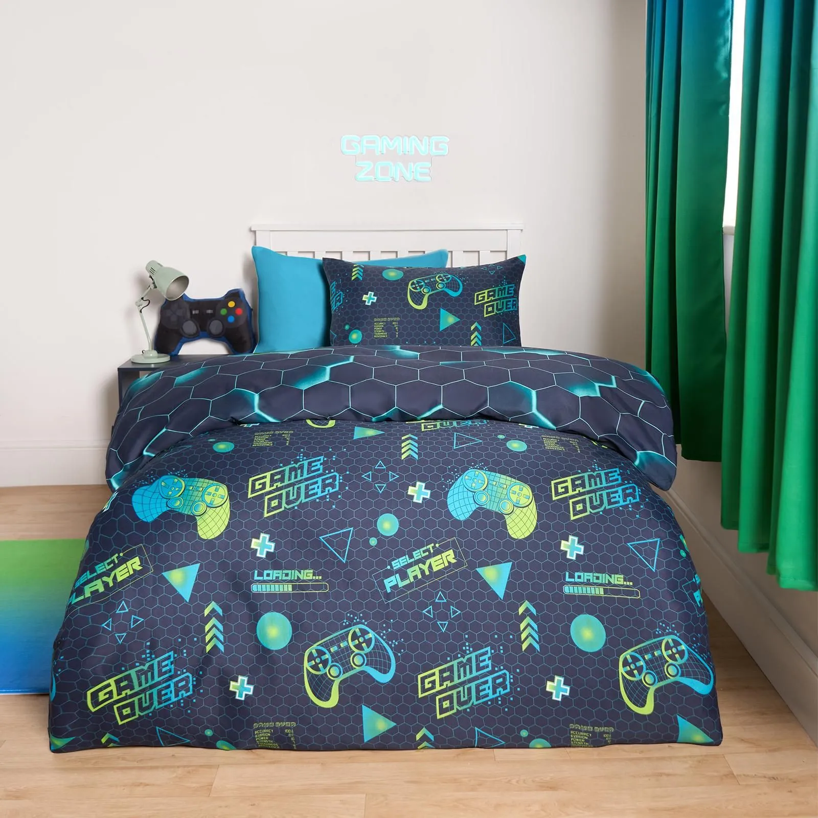 OHS Gaming Duvet Cover Set Reversible Quilt Pillowcase Bedding in Green