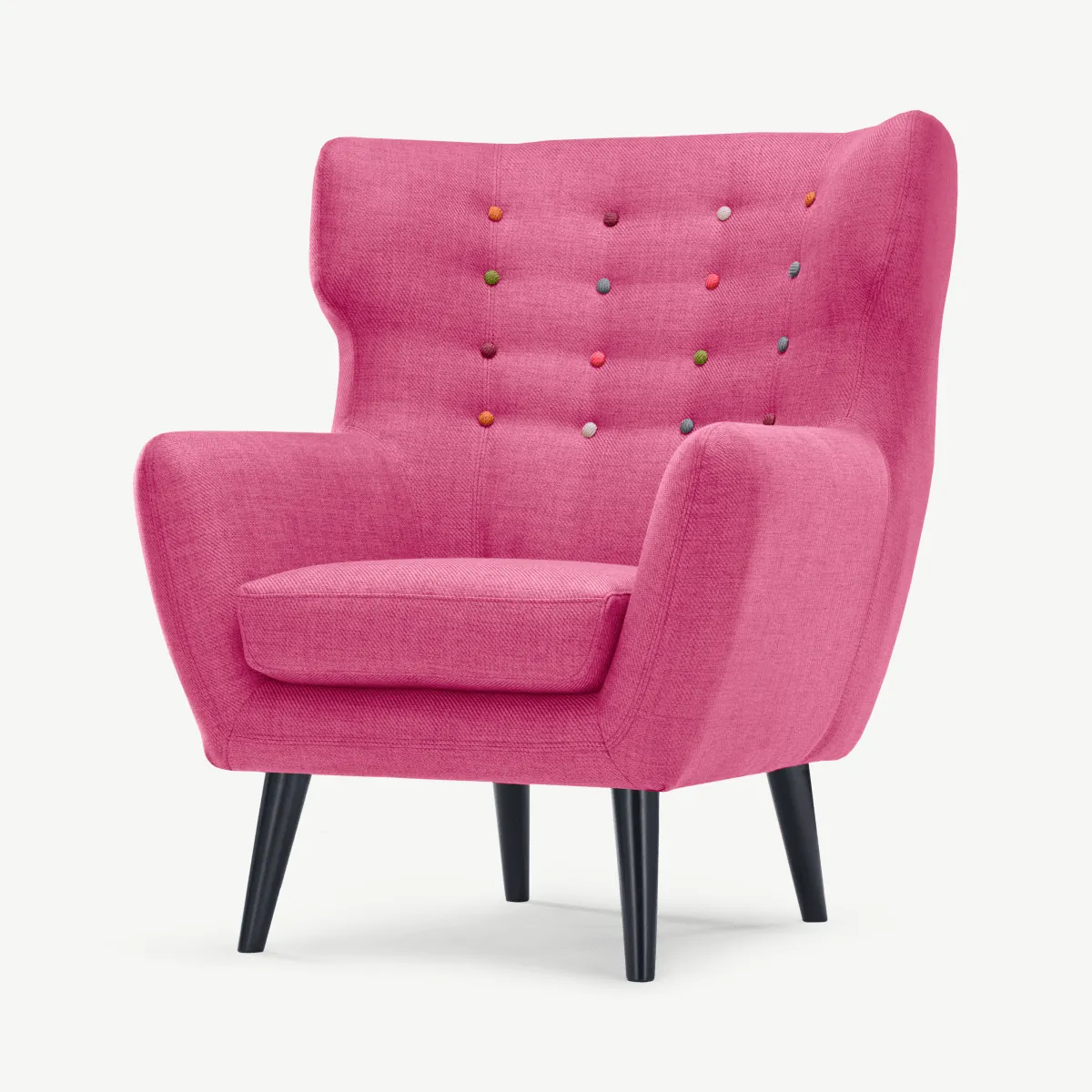Kubrick Wing Back Chair, Candy Pink With Rainbow Buttons Fabric