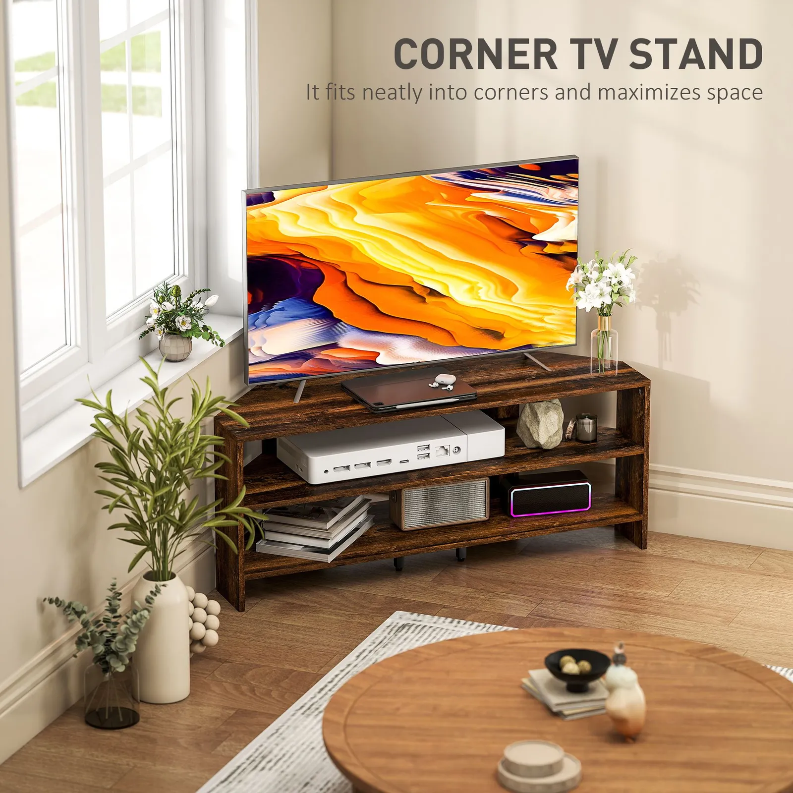 HOMCOM Corner TV Stand, TV Unit with Open Shelves for 47 Inch TV in Dark Brown 4