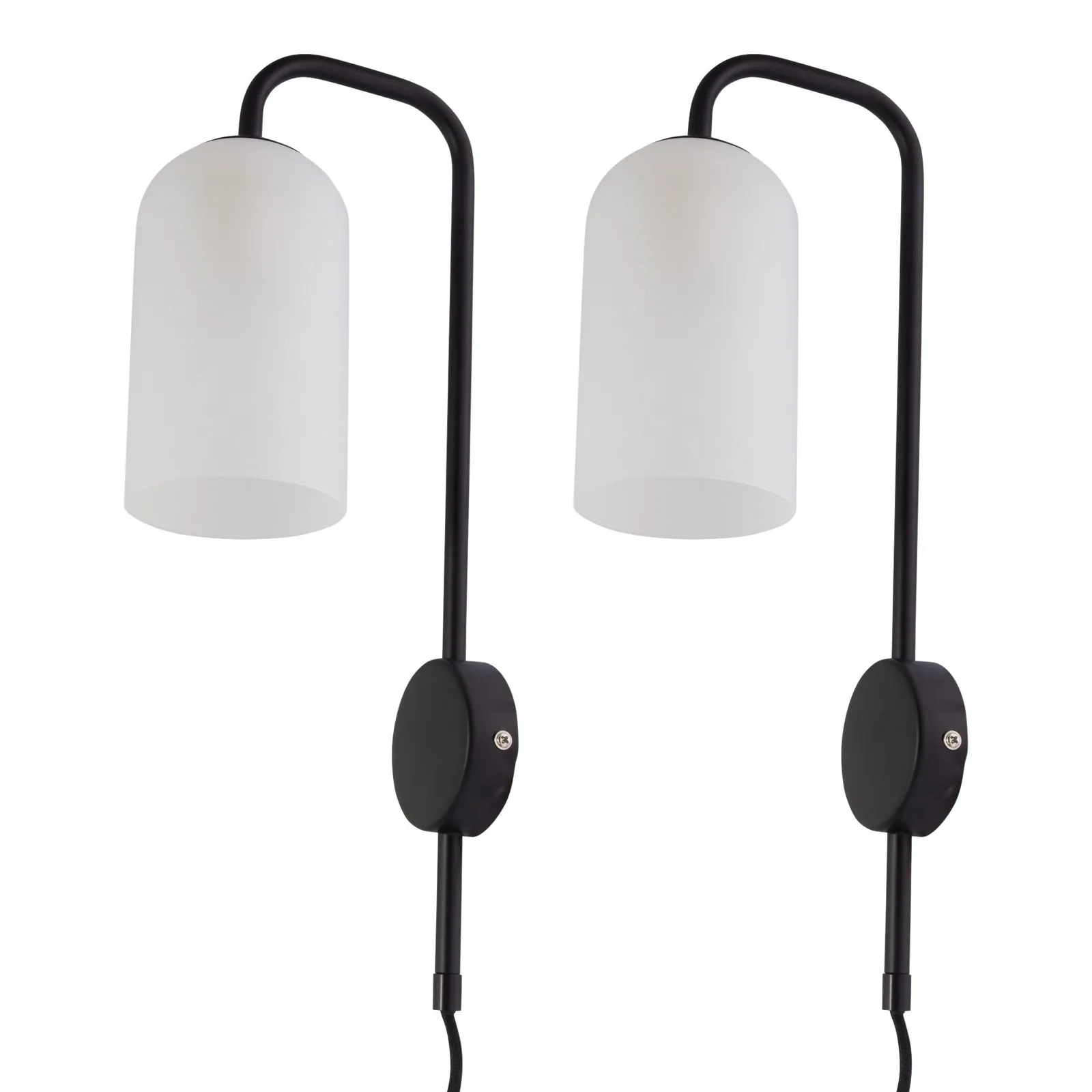 First Choice Lighting Set of 2 Victoria - Black Plug in Wall Lights Frosted Glass Shades