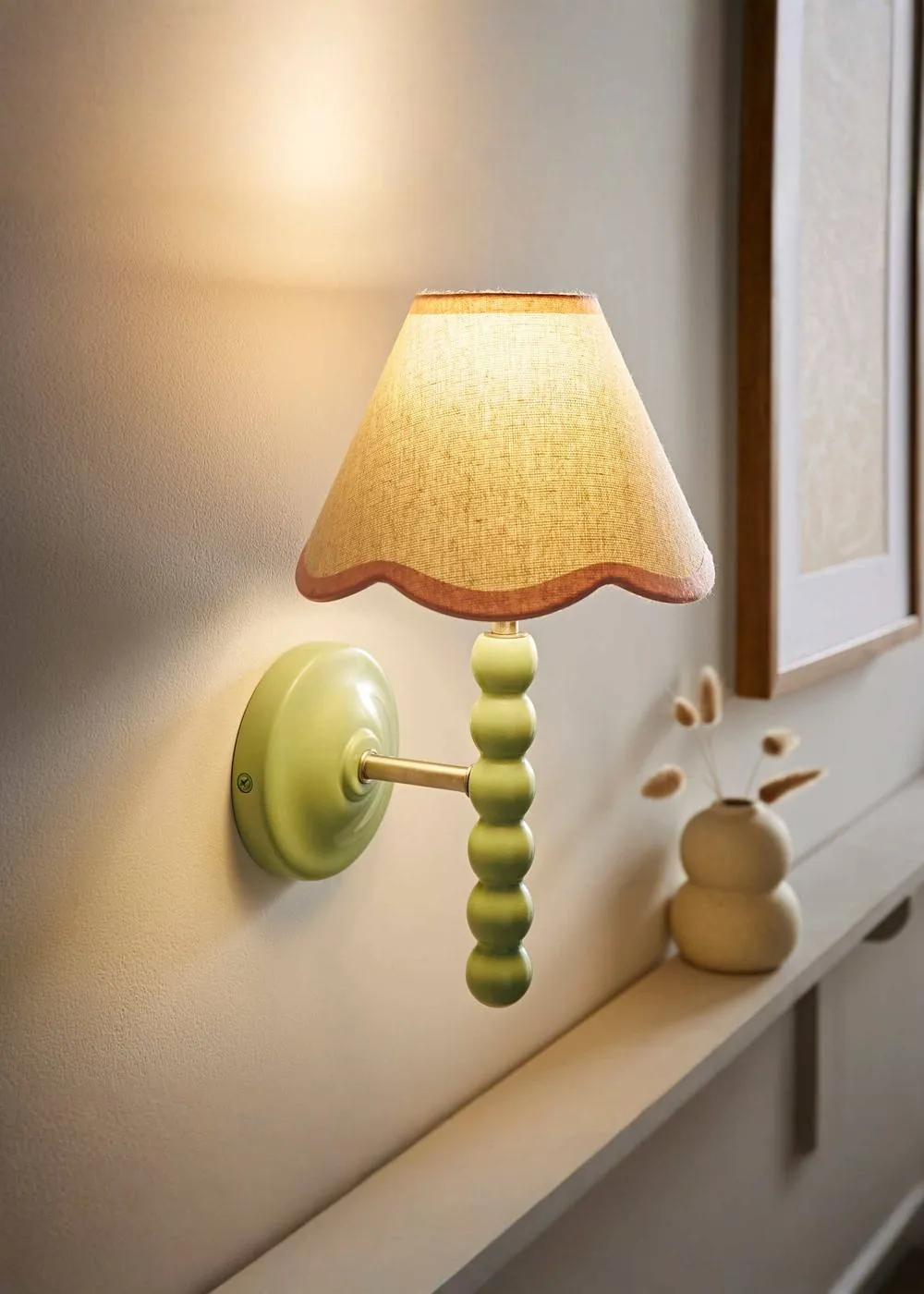 ValueLights Bobbins Sage Green Bobble Wall Light & Linen Pastel Trim Lamp Shade in Pale Pink