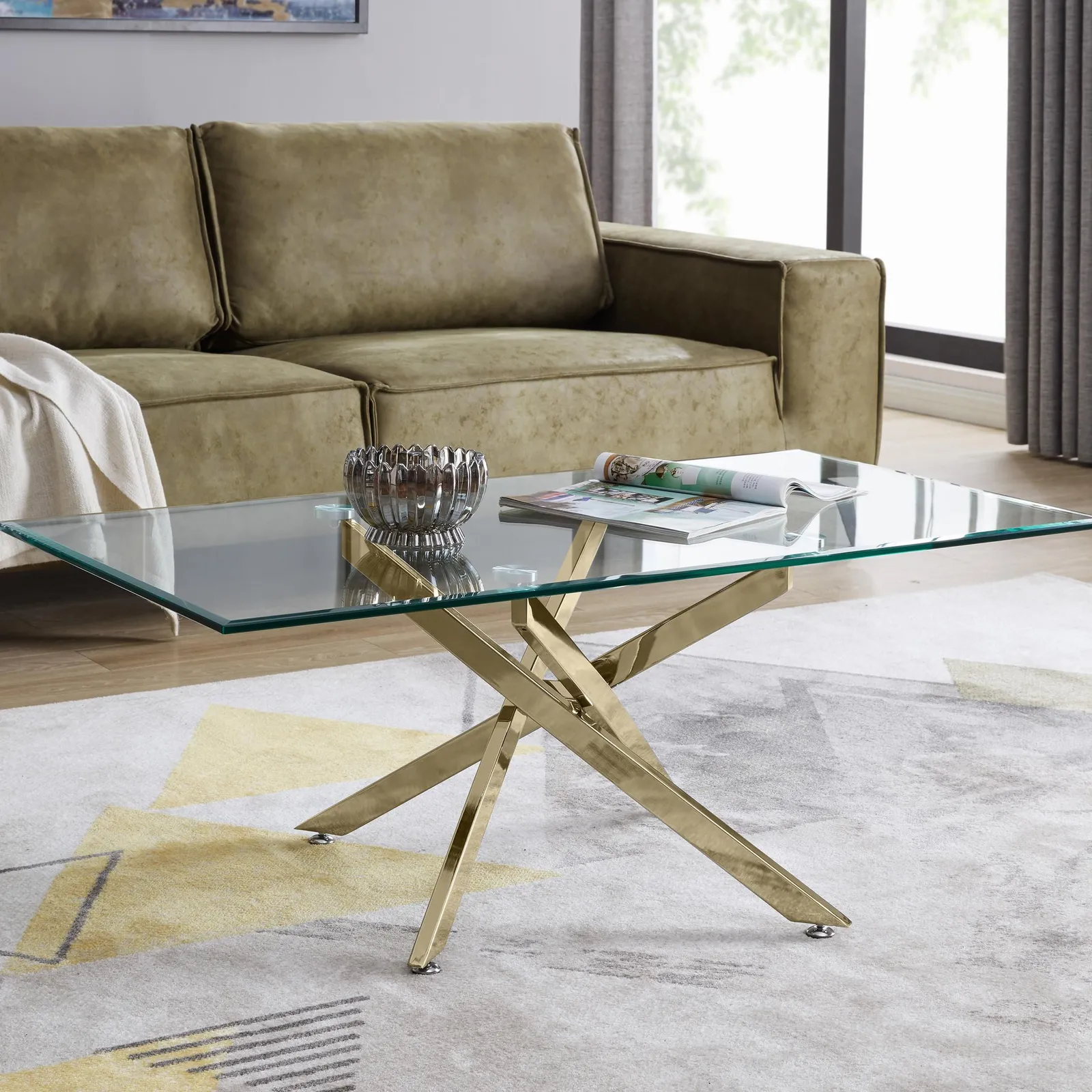 FurnitureboxUK Leonardo Rectangular Glass Coffee Table with Metal Angled Starburst Legs for Modern Living Rooms in Gold