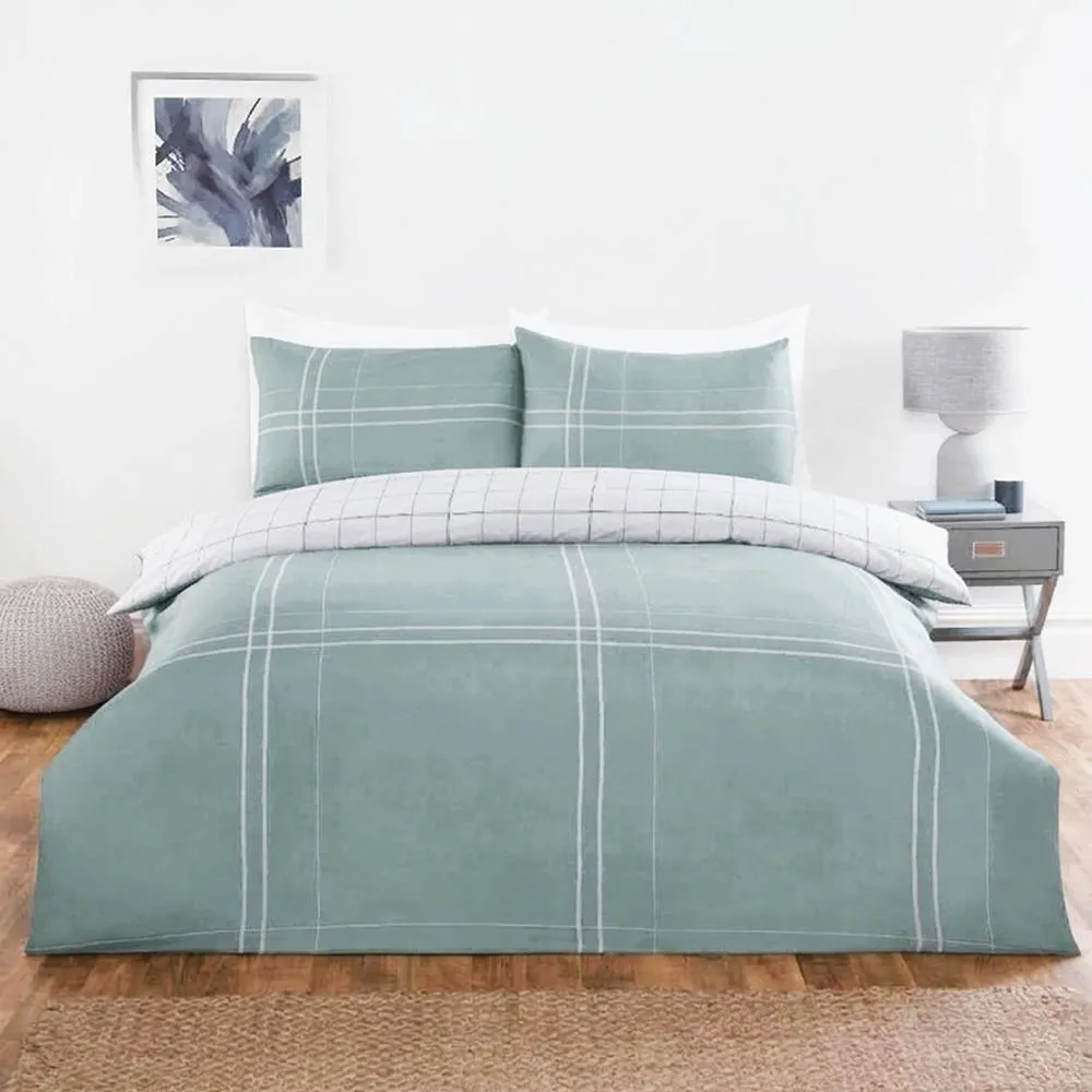 Rapport Home Hudson Check Microfibre Complete Duvet Cover Set With Pillowcase in Green 2