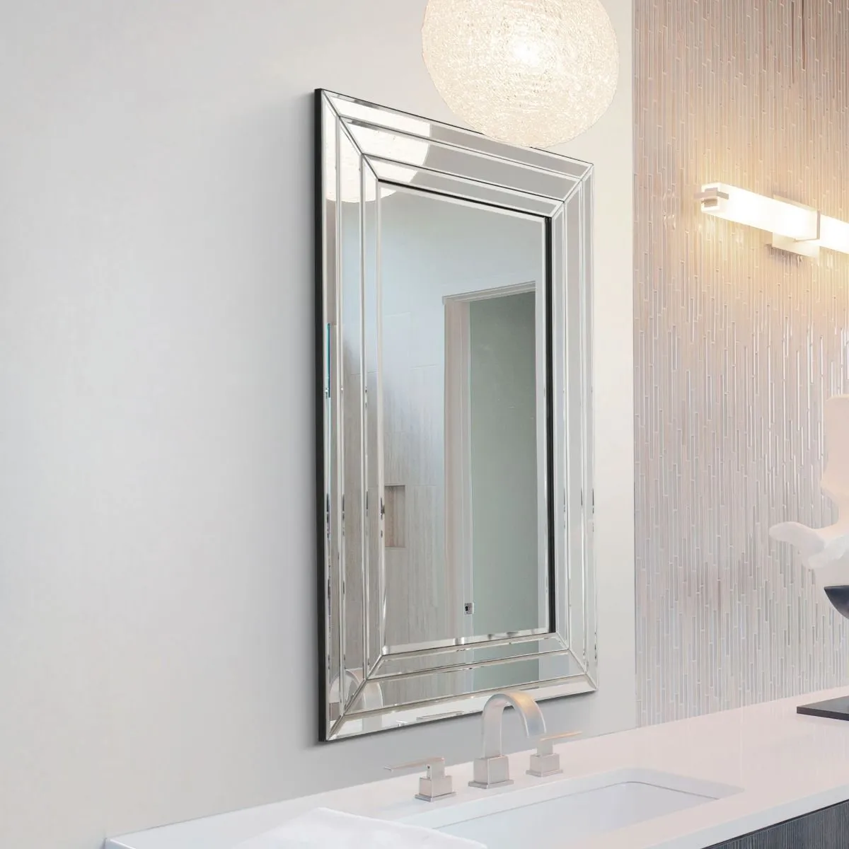 MirrorOutlet Langley All Glass Modern Bevelled Mirror 90 x 60 CM in Silver 6