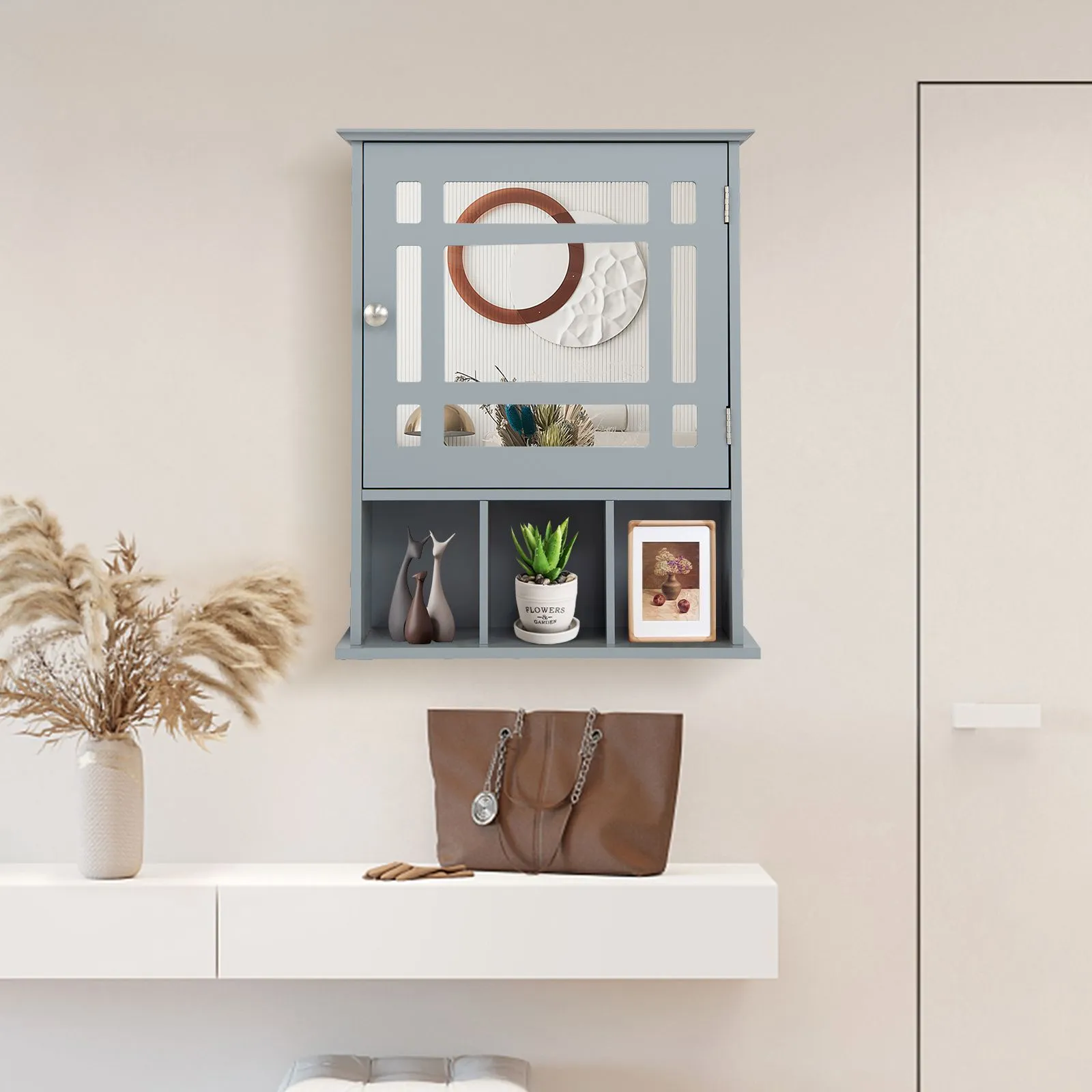 Costway Bathroom Wall Storage Cabinet Wooden Hanging Medicine Organizer W/ Mirror in Grey 3