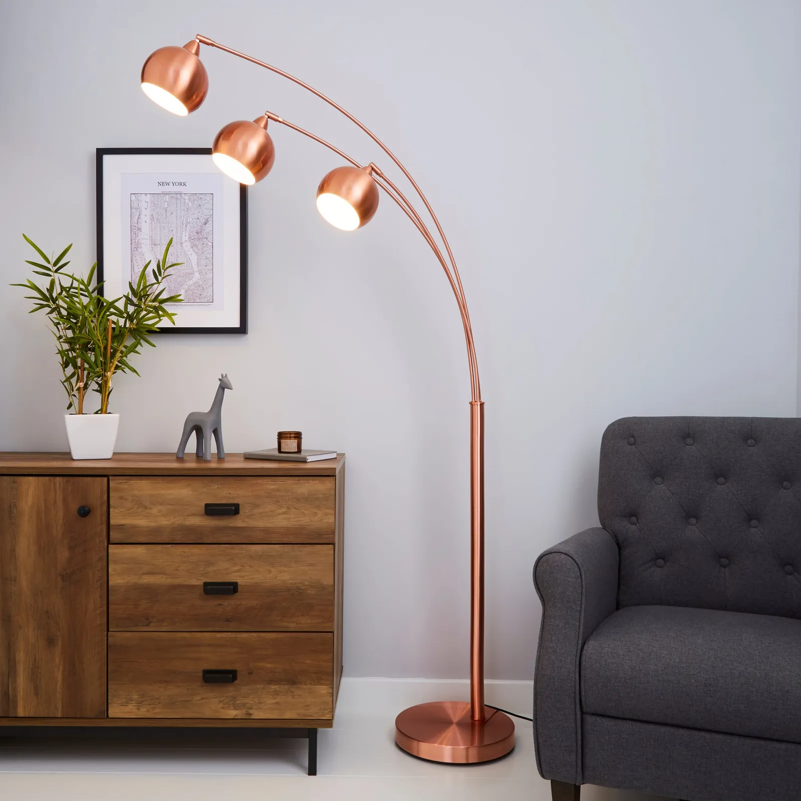 Herm 3 Arm Arc Copper Floor Lamp Pink