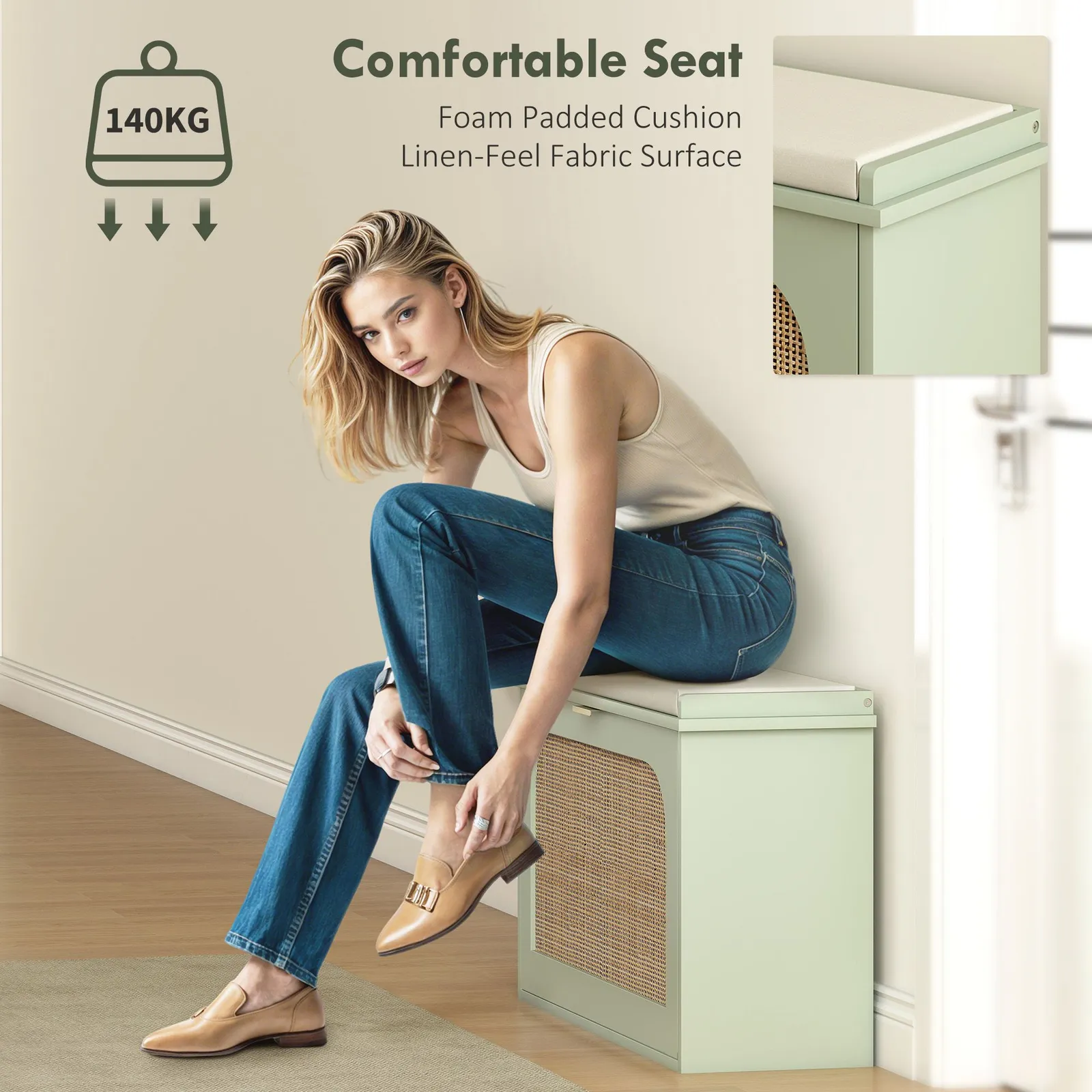 HOMCOM Boho Shoe Bench with Padded Seat & Flip-Drawer in Light Green 6