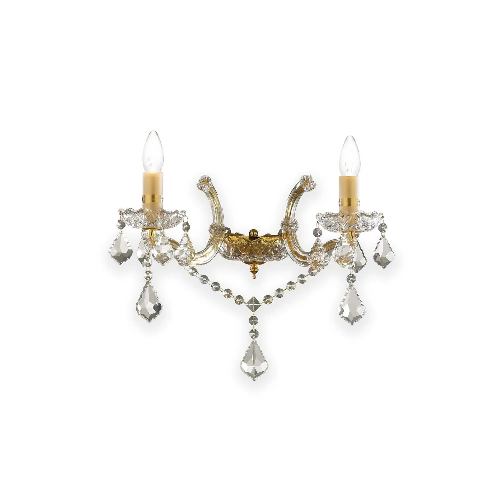 Netlighting Florian 2 Light Indoor Candle Wall Light Gold with Clear Glass & Crystals E14