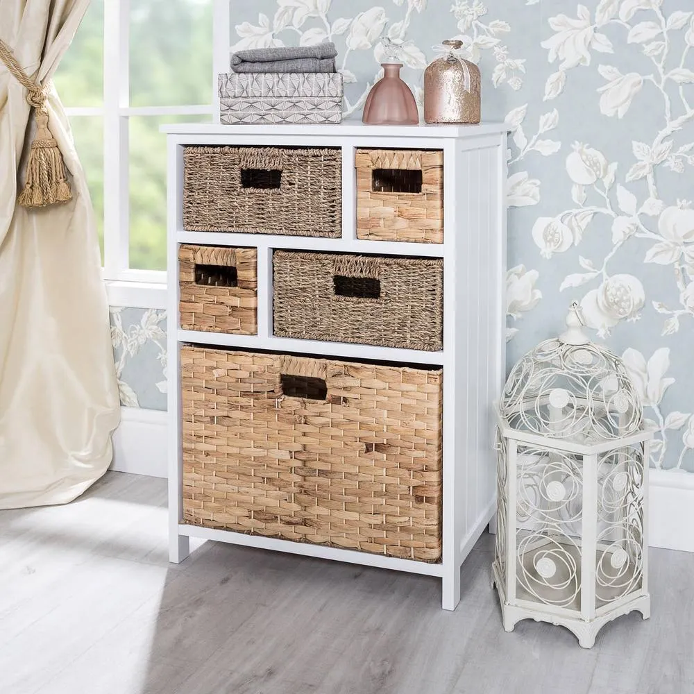 Statement Furniture Tetbury 5 Drawer Storage Unit White with Hyacinth & Seagrass Baskets 2