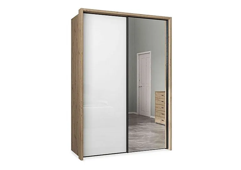 Dallas 160cm 2 Door Sliding Glass Wardrobe with Mirror Door - Bianco Oak and White