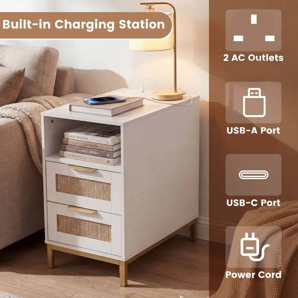 Costway Narrow End Table with Charging Station in White 5