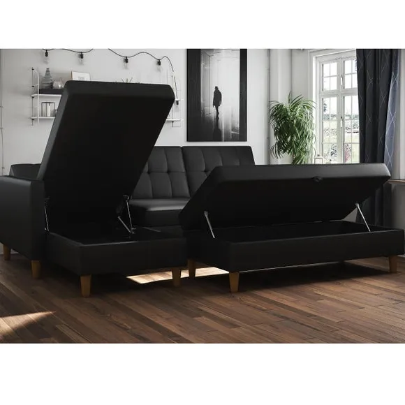 Hartford Faux Leather Black Corner Double Sofa Bed 2