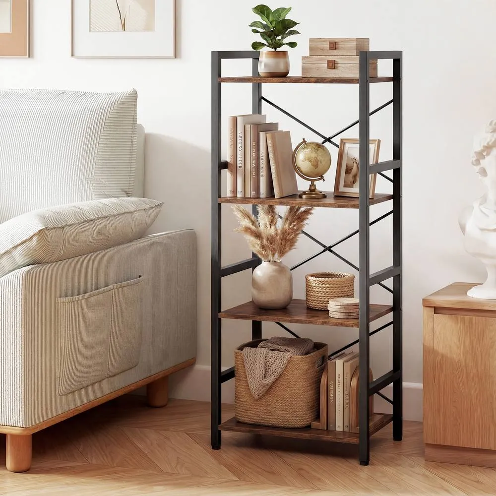 Costway Narrow Bookshelf 4-Tier Freestanding Bookcase Industrial Display Rack in Brown 3