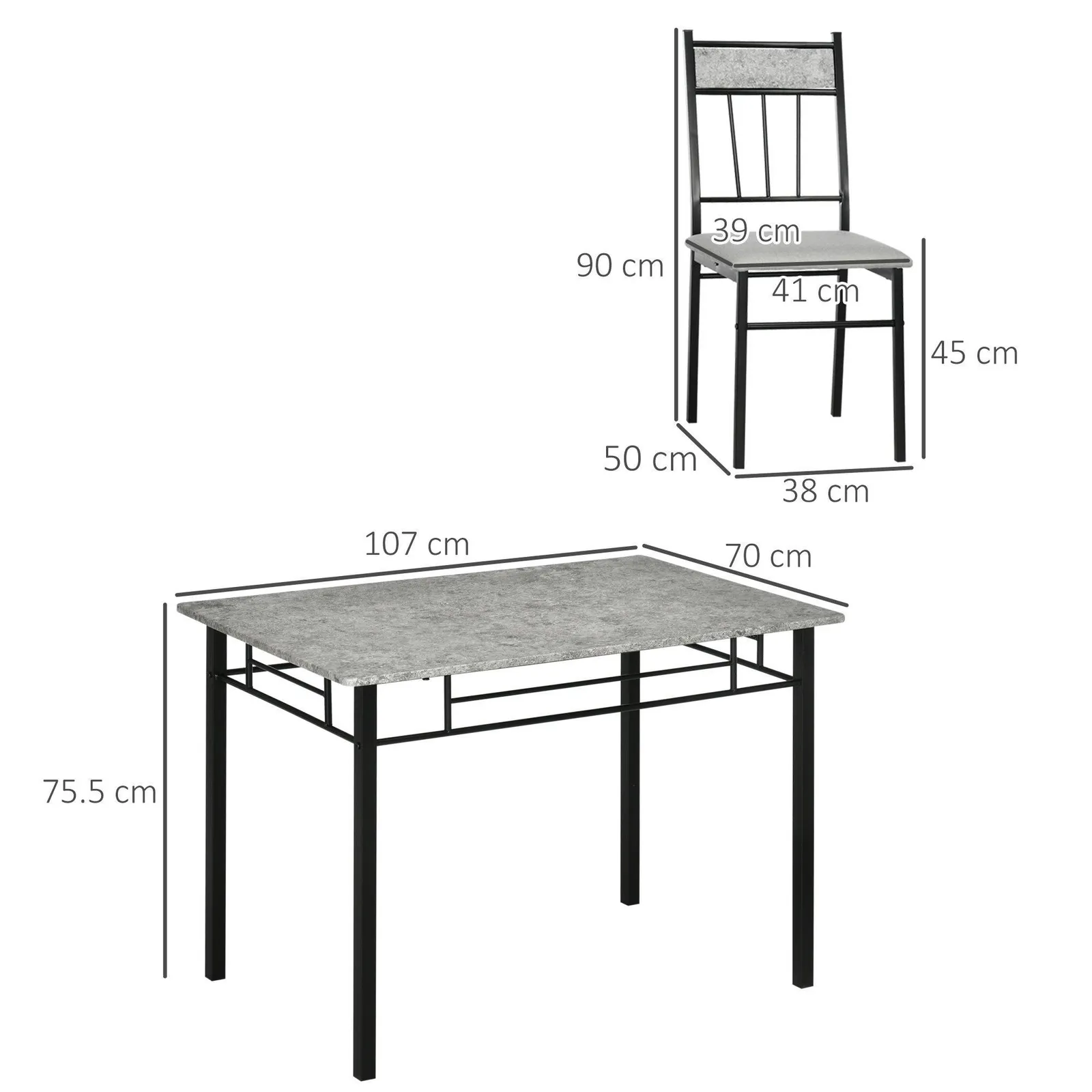 HOMCOM Modern Dining Table & Chairs Set 4 with Padded Seat Metal Frame in Light Grey 3