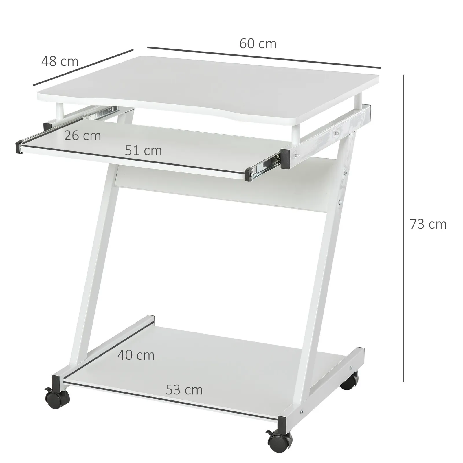 HOMCOM Movable Computer Desk with 4 Moving Wheels Sliding Keyboard Tray in White 3