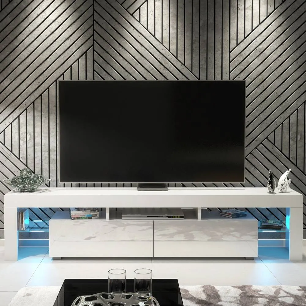 Creative Furniture Nova TV Unit 200cm - White with Gloss Doors + LED Lights