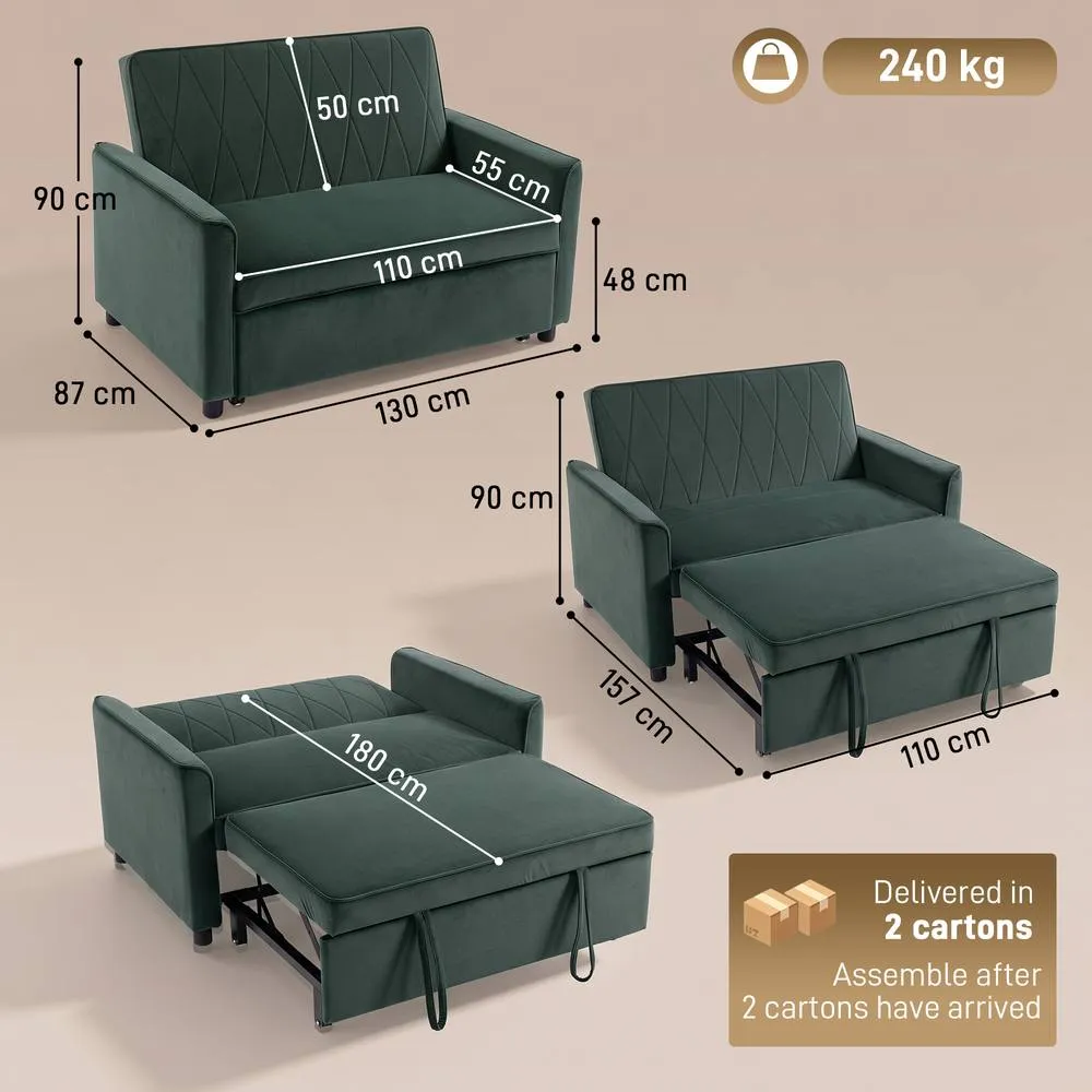 HOMCOM 2 Seater Sofa Bed, 3-in-1 Velvet Pull Out Sleeper Sofa, Dark Green 3