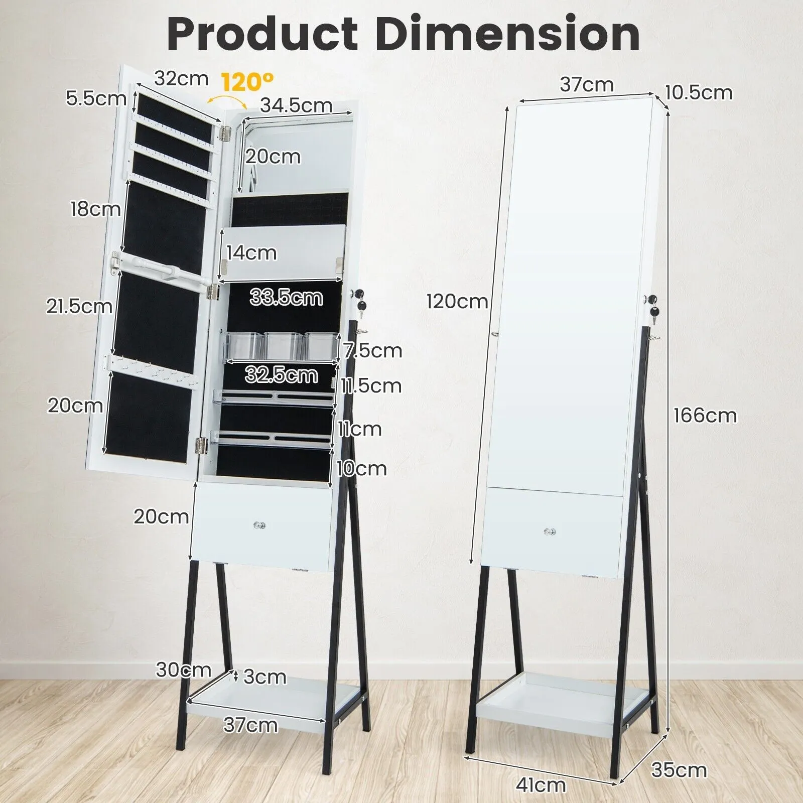 Costway Jewelry Cabinet Armoire w/ Full-Length Frameless Mirror & Built-in Makeup Mirror in White 2