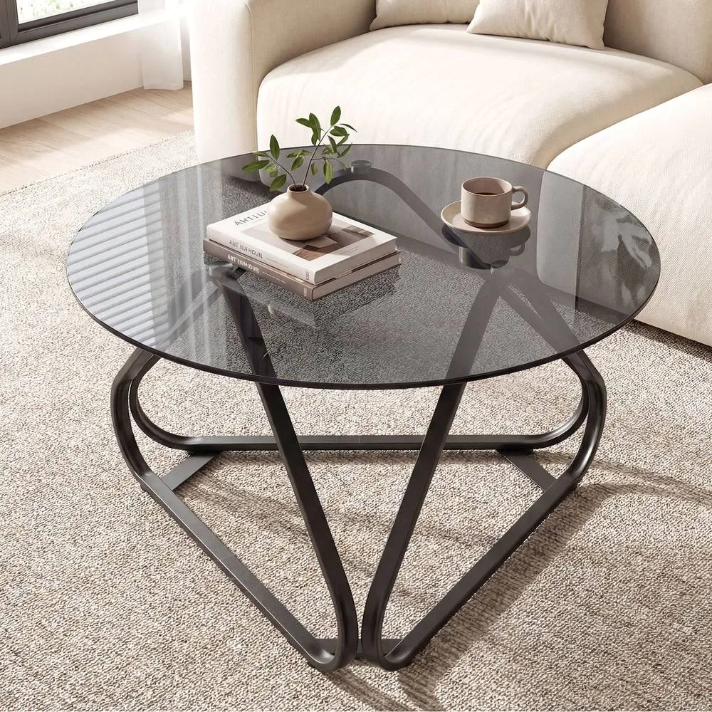 Costway Tempered Glass Coffee Table Round Accent Table Center Cocktail Table in Black 3