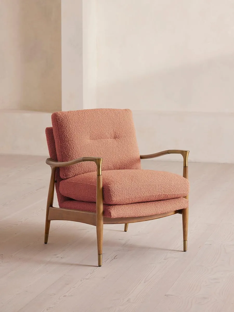Theodore Oak Armchair, Textured Wool Boucle, Coral