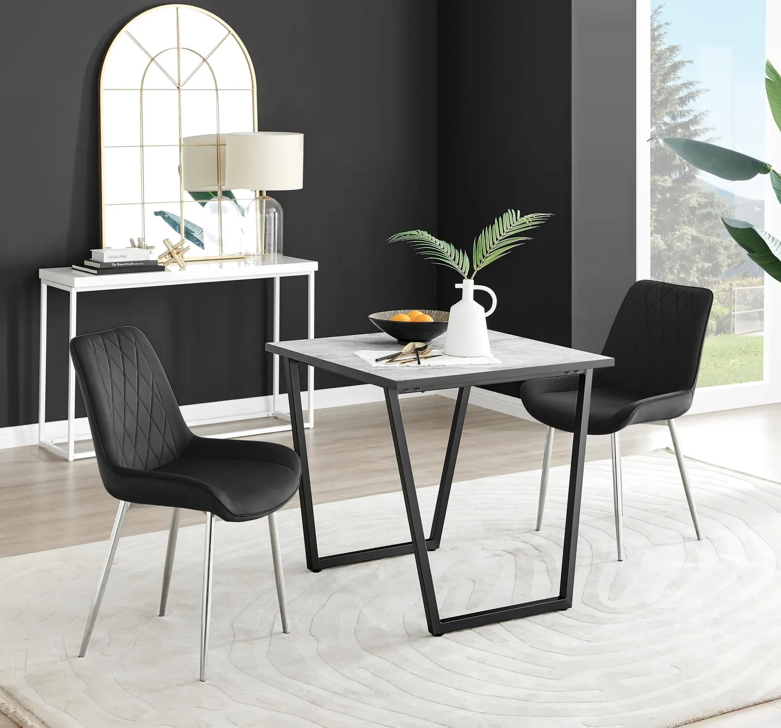 FurnitureboxUK Carson White Marble Effect Square Dining Table & 2 Velvet Pesaro Silver Leg Chairs in Black