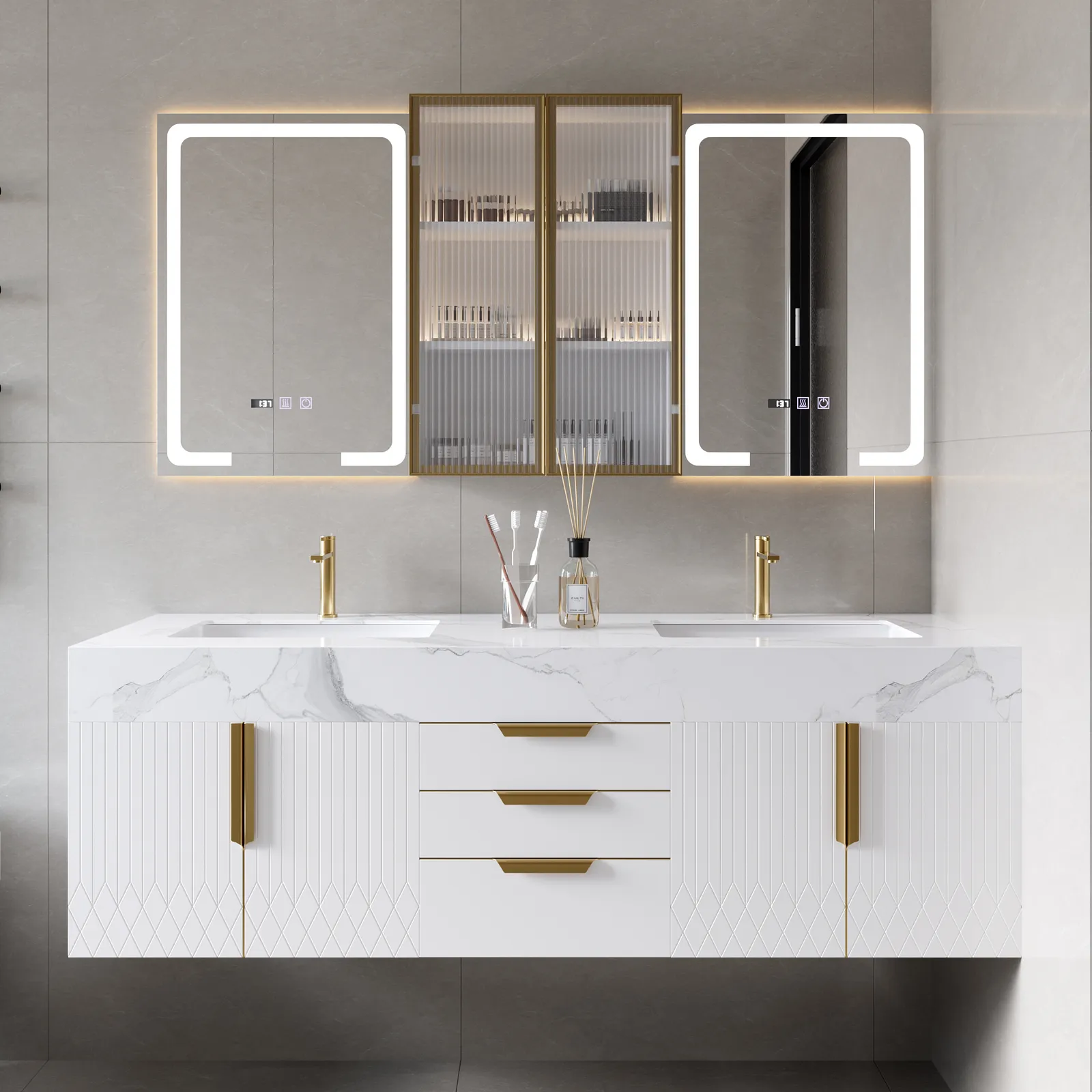 1500mm Double Sink Floating Vanity Set with LED Medicine Cabinet with Storage
