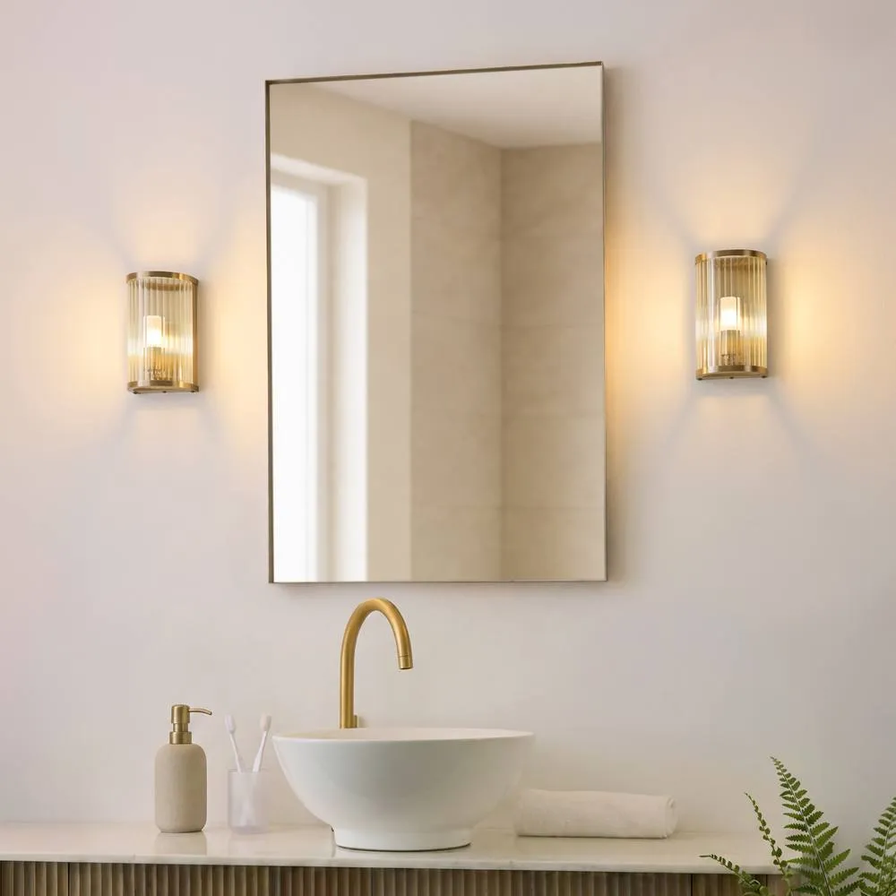 Netlighting Ridgeton IP44 Bathroom Wall Lamp Antique Brass Clear Ribbed Glass in Gold 2