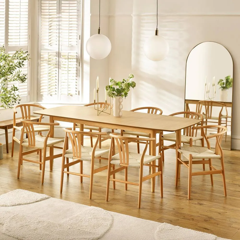 FurnitureboxUK Leif Oak Effect Wood Extending Table & 8 Caia Wishbone Dining Chairs in Brown