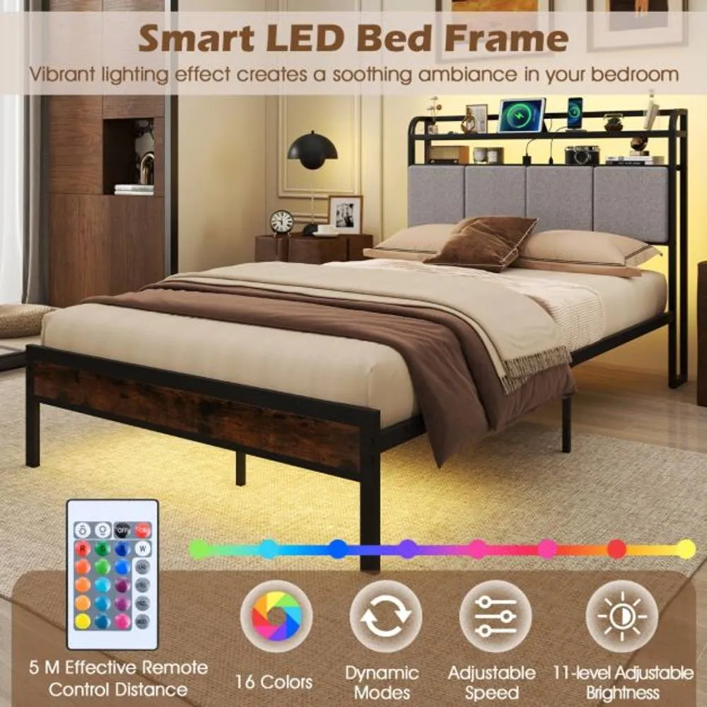 Costway Double Size Bed Frame w/ LED Light & Charging Station-Brown in Brown 6