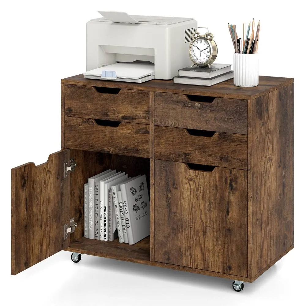 Costway 4 Drawer Dresser Chest Mobile Storage Cabinet w/Universal Wheels in Brown 3