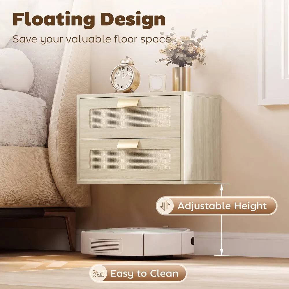 HOMCOM Modern Floating Nightstands Set of 2, 2 Drawers Bedside Tables, Oak in Natural 4
