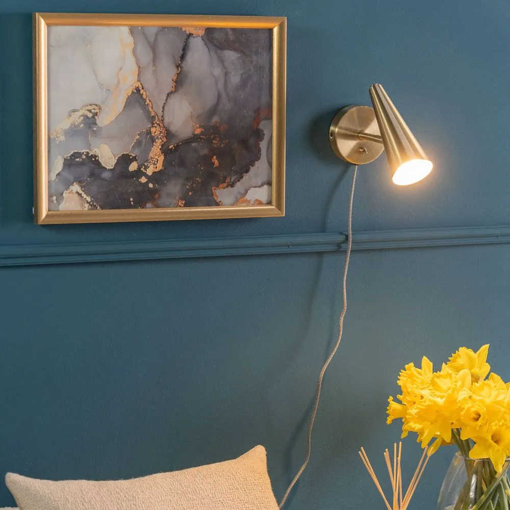ValueLights Pair of - Plug in Brushed Antique Brass Cone Easy Fit Wall Lights with Adjustable Head in Gold 3
