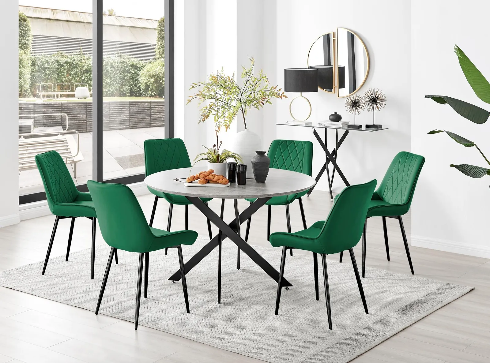 FurnitureboxUK Novara Grey Concrete Effect Black Leg 120cm Round Dining Table & 6 Pesaro Black Leg Chairs in Green