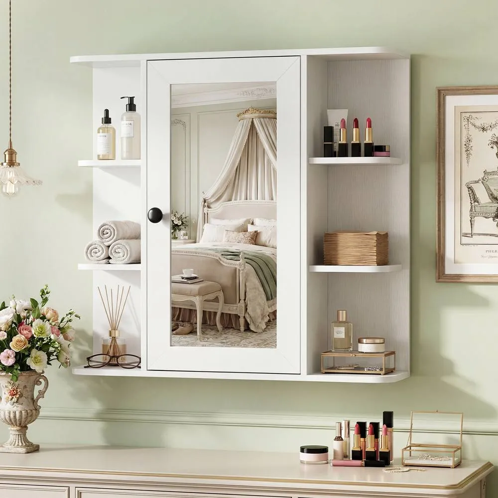 Costway Bathroom Wall Cabinet Modern Wall Mounted Medicine Cabinet with Mirror in White 4