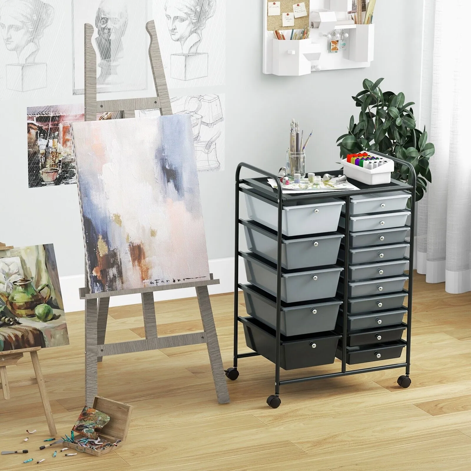 Costway 15 Drawer Rolling Storage Cart Tools Scrapbook Paper Organizer Lightweight in Grey 5