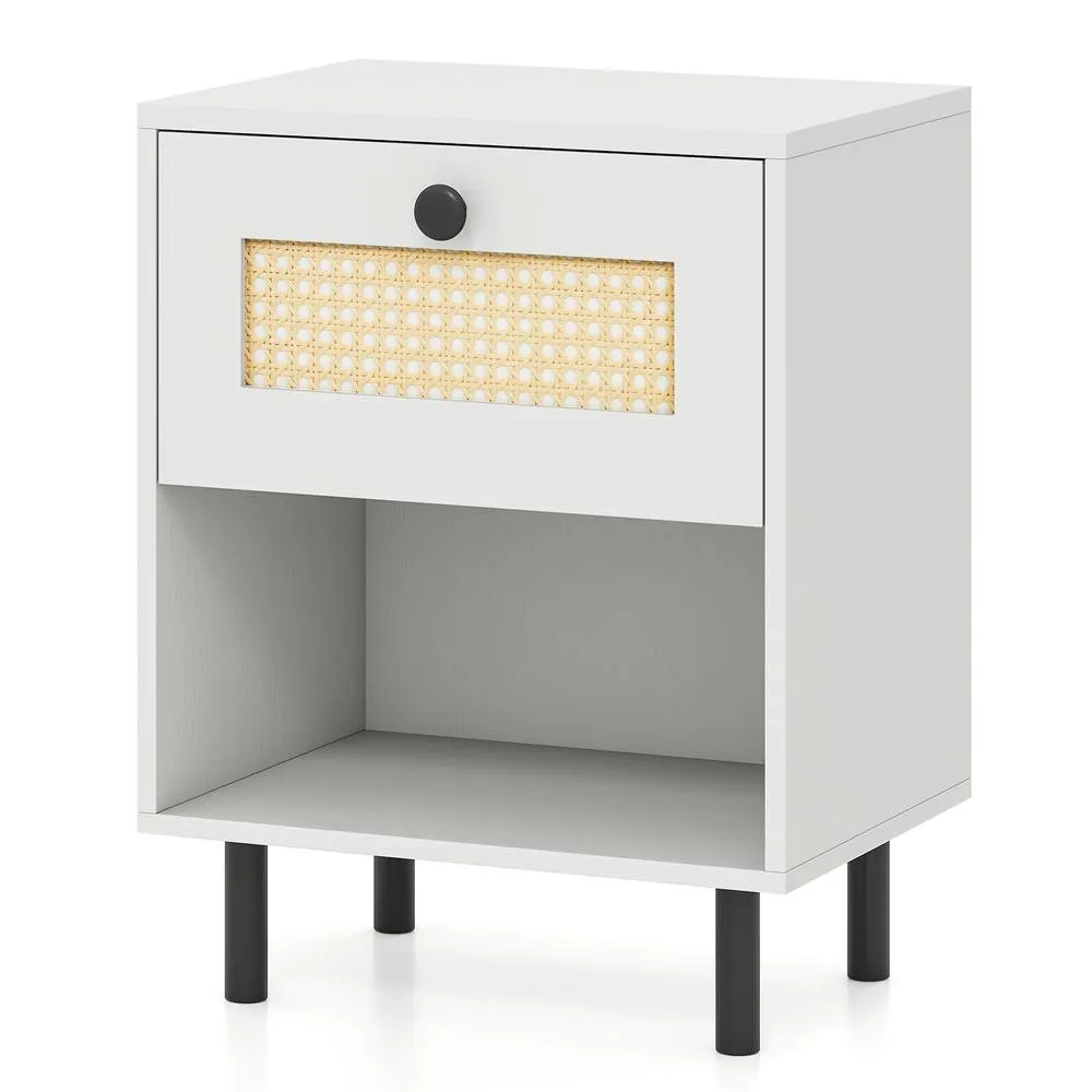 Costway Rattan Nightstand Boho Style Bedside Table with Drawer & Open Storage Shelf in White 4
