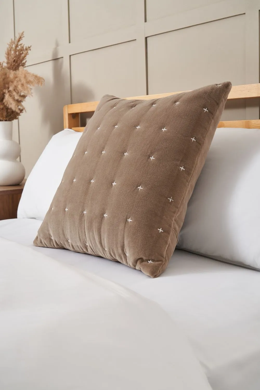 BHS Cross Stitch Quilted Cushion in Taupe 1