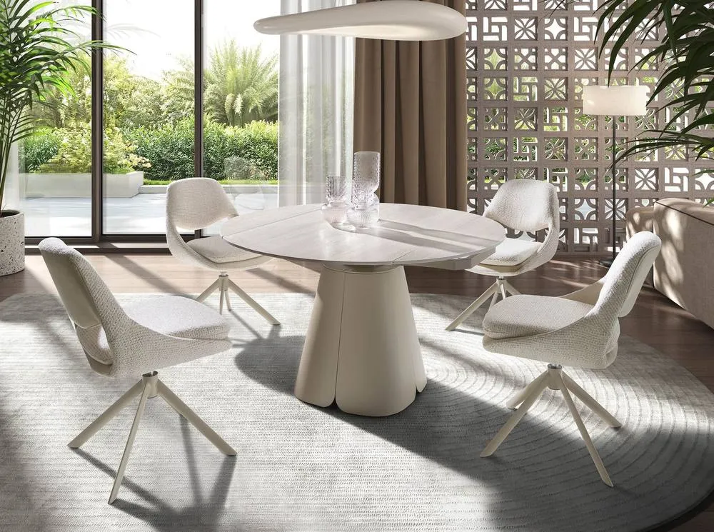Angel Cerda Extendable Round Porcelain Dining Table with Steel Base in Beige 4