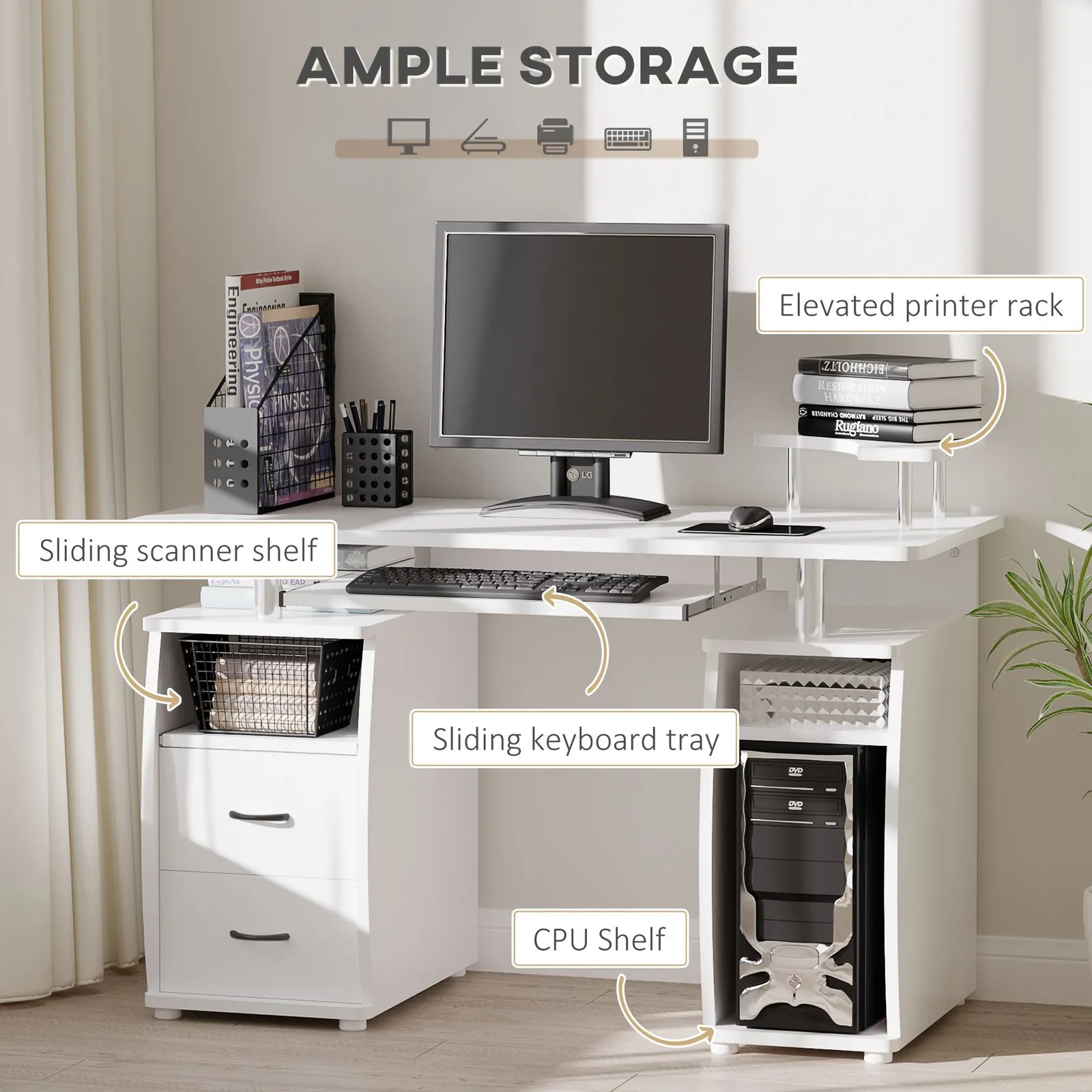 HOMCOM Computer Office Desk Table Workstation w/ Keyboard Tray, Drawer in White 4