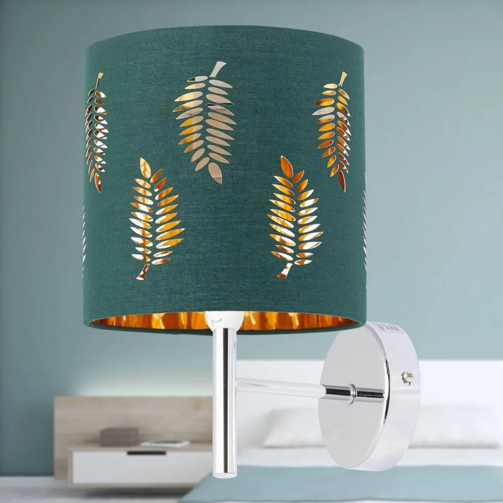 First Choice Lighting Set of 2 Brea - Chrome Wall Lights with Dark Green Fern Shades in Silver 4