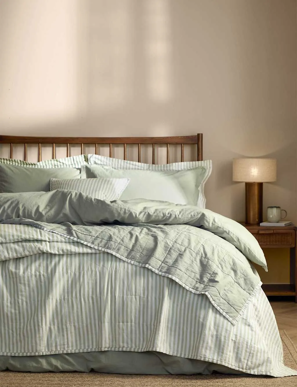 YARD Hebden Washed Striped Quilted Bedspread Sage